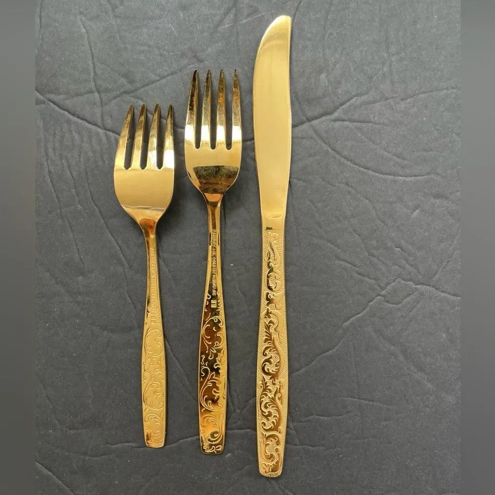 Americana Golden Heritage Golden Scroll 3 piece Flatware Set Dinner Fork& knife